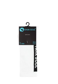 Weiße gerippte Griffsocken mit schwarzem "STARK SOUL"-Logo an der Seite. Mit einem schwarzen Produktetikett, das die Größe 39-42 und Details zu den Socken anzeigt.