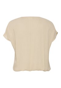 Beige loose-fitting top with short sleeves, round neck, soft texture, and relaxed hem. Simple design, no visible patterns or accents.