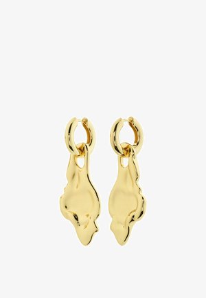 Gold-colored earrings with a sculptural, abstract design. Features a hinged hoop and an elongated, wavy shape. Smooth, shiny finish.