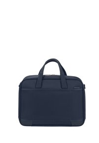 Dunkelblauer, strukturiert stofflicher Laptop-Rucksack mit zwei oberen Griffen, einer vorderen Reißverschlusstasche und verstärkten unteren Ecken für Langlebigkeit.