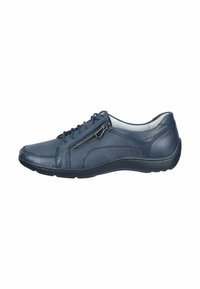 Navy leather sneaker with textured surface, lace-up front, and side zipper detail. Rounded toe, sturdy rubber sole, and minimal stitching accents.