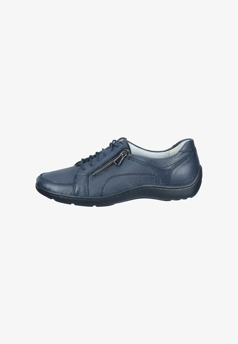 Navy leather sneaker with textured surface, lace-up front, and side zipper detail. Rounded toe, sturdy rubber sole, and minimal stitching accents.