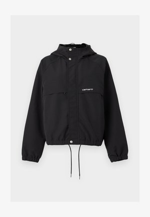 Veste noire à capuche avec poignets élastiques et ourlet réglable par cordon. Comprend deux poches avant et un logo sur le côté gauche. Tissu lisse.