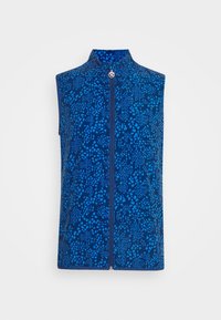 Ärmlös blå väst med hög krage, dragkedja fram och abstrakt mönster av spridda prickar i varierande nyanser av blått.