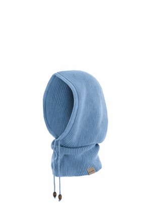 Blue ribbed knit hood with drawstrings and wooden bead accents. Soft texture, designed to fit snugly around the head and neck.