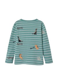 Blauw en wit gestreepte langärmelige shirt met cartoon dinosaurussen en teksten zoals "RAUW!", "Grrrr" en "COOLE DINO."