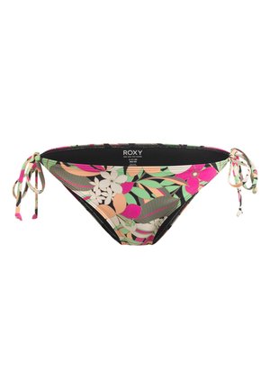 Gemusterte Bikini-Hose in den Farbtönen Pink, Grün und Schwarz mit floralen Designs. Verfügt über seitliche Bänder zur Anpassung.
