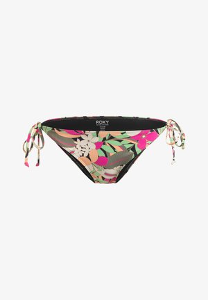 Gemusterte Bikini-Hose in den Farbtönen Pink, Grün und Schwarz mit floralen Designs. Verfügt über seitliche Bänder zur Anpassung.