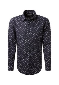 Marineblaues Langarm-Hemd mit Knopfleiste und einem weißen, verstreuten Punkte-Muster sowie einem klassischen Kragen.