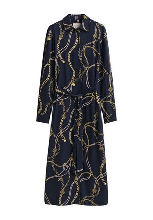 Tumesinine pikkade varrukatega midi-särk-kleit, millel on kuldse ketta ja köie muster, terav krae, ees nupud ja vöökohtade kangast rihm.