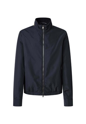 Giacca blu navy con colletto alto, chiusura frontale con zip e orlo elasticizzato. Realizzata in tessuto leggero e liscio. Maniche lunghe.