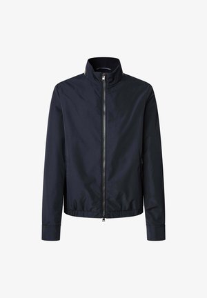 Giacca blu navy con colletto alto, chiusura frontale con zip e orlo elasticizzato. Realizzata in tessuto leggero e liscio. Maniche lunghe.