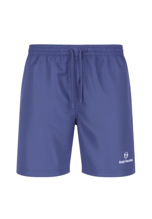Pantalones cortos azules con cintura elástica y cordón, con el logo de Sergio Tacchini en la parte inferior de la pierna izquierda.