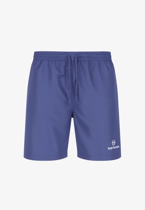 Blauwe korte broek met elastische tailleband en trekkoord, met Sergio Tacchini-logo op het linkeronderbeen.