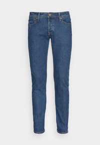 Jeans in denim di colore blu scuro, slim fit, design a cinque tasche, chiusura frontale con bottone e dettagli di cucitura discreti.