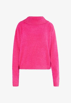 Heller pinker, fülliger Strickpullover mit langen Ärmeln und einem breiten ribbeligen Stehkragen.