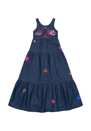 Denim maxi-jurk met geborduurde bloemmotieven in rood, roze, blauw en geel. Heeft een mouwloze, gelaagde silhouet met een ronde halslijn.