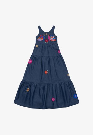 Denim maxi-jurk met geborduurde bloemmotieven in rood, roze, blauw en geel. Heeft een mouwloze, gelaagde silhouet met een ronde halslijn.