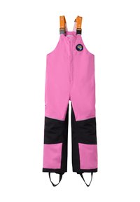 Vaaleanpunainen vedenpitävä haalari mustilla yksityiskohdilla, säädettävät oranssit hihnat, etuvetoketju ja heijastimet jaloissa näkyvyyden parantamiseksi.