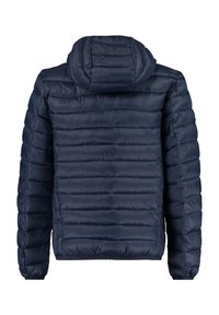 Navy puffer jacket featuring a hood, horizontal stitching, and ribbed cuffs, made of lightweight, water-resistant fabric.