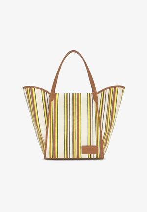 Borsa a mano a righe con lati ampi e svasati, righe verticali gialle e marroni, manici in pelle color cuoio e piccolo patch logo in pelle.