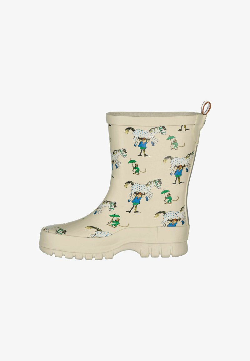 Botte de pluie crème avec un motif ludique d'enfants tenant des chevaux blancs et des singes avec des parapluies verts.