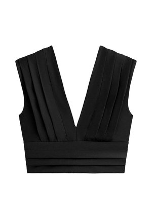 Sort ærmeløs cropped top med dyb V-udskæring og lodrette folder på frontpanelerne samt vandrette folder ved linningen.