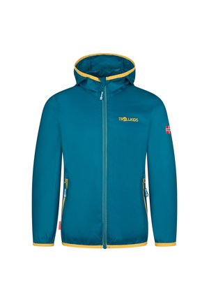 Teal waterproof jacket with a yellow hood lining, front zip, adjustable pockets, and logo. Features contrasting yellow accents.