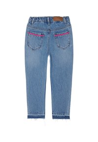 Niebieskie dżinsy z elastycznym pasem, z dwoma tylnymi kieszeniami ozdobionymi różowymi, falistymi wykończeniami oraz postrzępionymi mankietami przy kostkach.