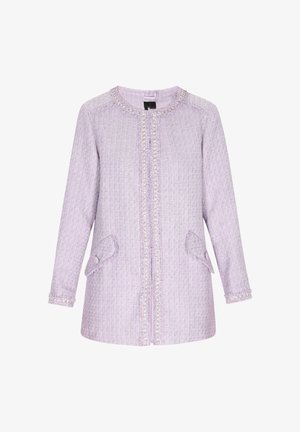 Lila tweed zakó kerek nyakkivágással, elülső gombos záródással, két oldalsó zsebével, valamint texturált, rojtos szélekkel a varrásoknál és a mandzsettákon.