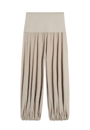 Beige højtaljede bukser med vide ben, elastiske manchetter og rynket stof langs benene for en afslappet pasform.