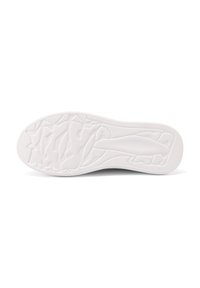 Sole di scarpa sportiva bianca con un motivo texturizzato che presenta scanalature e creste per una migliore aderenza. Realizzata in gomma, con una finitura liscia.