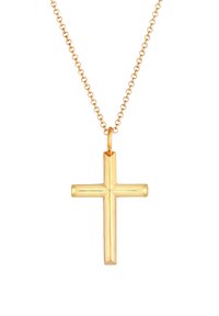 Anhänger in Form eines goldfarbenen Kreuzes an einer filigranen Kette, mit polierter, glänzender Oberfläche und kantigem Design sowie einer einfachen Öse zum Aufhängen.