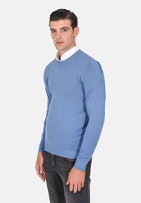 Maglione lavorato a maglia di un blu chiaro, con scollo rotondo, maniche lunghe e polsini e orlo a costine. Abbinato a jeans scuri, indossato da un modello.