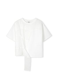 White short-sleeve t-shirt with asymmetrical fabric panels and a textured ruffle detail on the left side. Round neckline, casual fit.