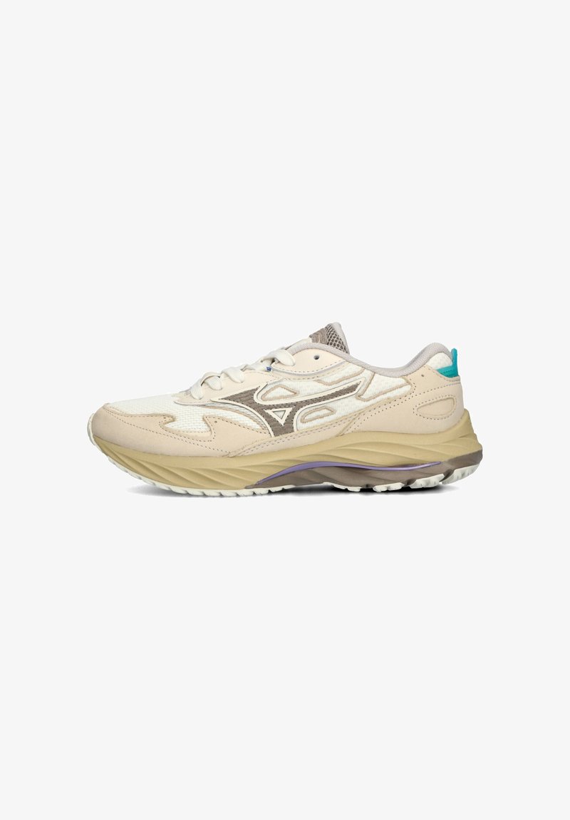 Light beige athletic shoe with mesh and synthetic upper, grey accents, a cushioned sole, and a turquoise heel tab. Features textured patterns.