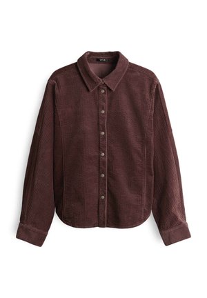 Brown corduroy long-sleeve shirt with button-down front, collar, and cuffs, displayed flat on a white background.