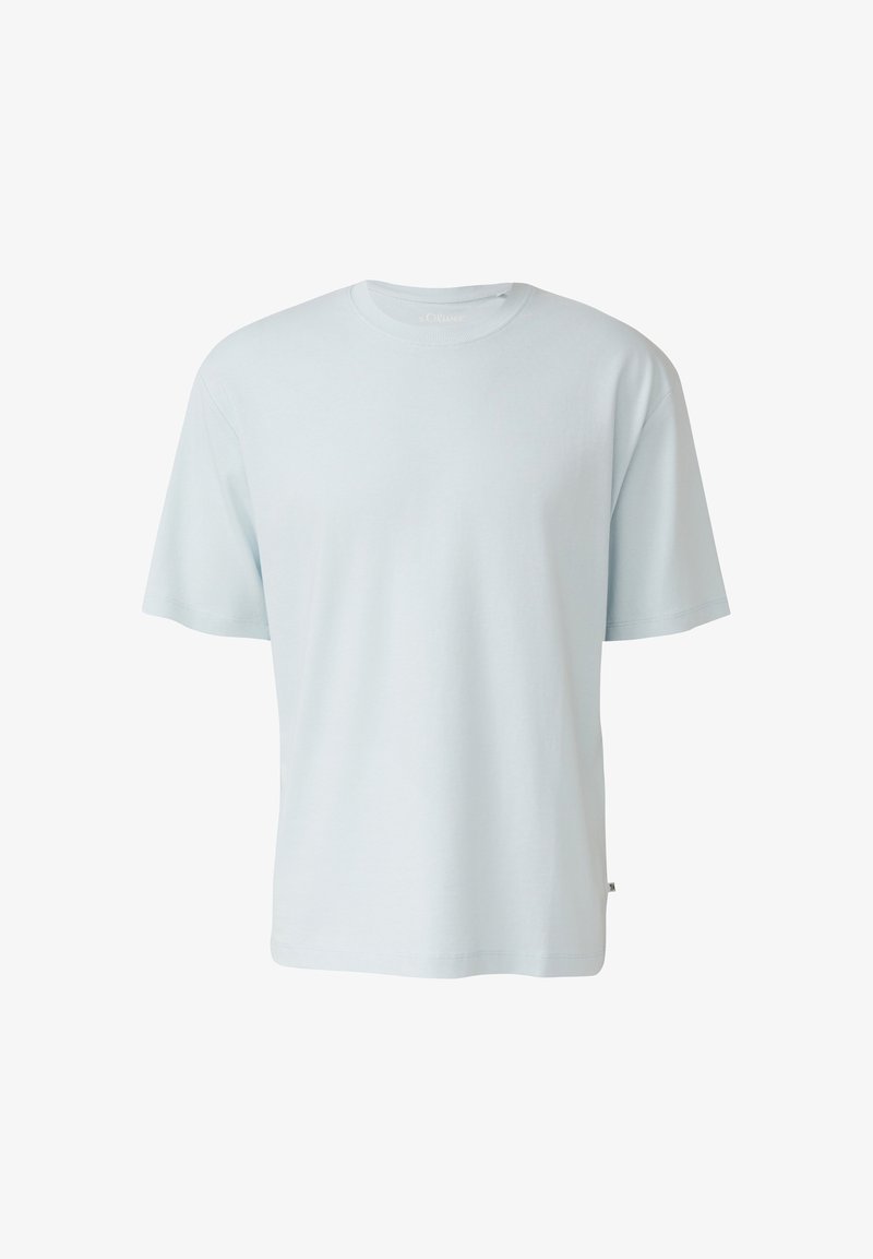 T-shirt bleu clair à manches courtes avec col rond, coupe décontractée, présenté sur un fond blanc uni.
