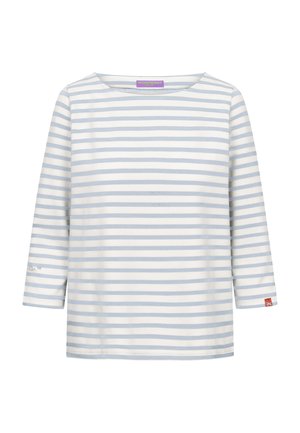 White long-sleeve shirt with light blue horizontal stripes, boat neckline, and small red tag on the left cuff.