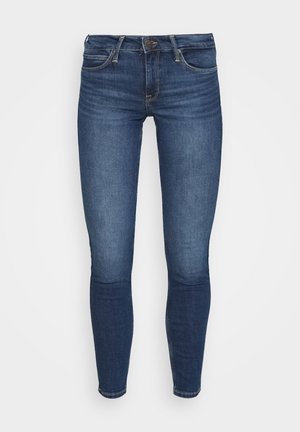 Mørkeblå skinny jeans lavet af denim, med et klassisk five-pocket design, lynlåsfront og subtilt slid på lårerne.