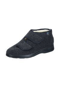 Pantofola in feltro grigio scuro con chiusure in Velcro, dotata di una fodera in peluche e una suola in gomma per una migliore aderenza. Design arrotondato con dettagli ricamati del logo.