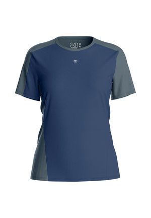 Short-sleeve athletic shirt with navy blue front and gray sleeves and sides, featuring small white logo at chest center.