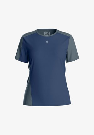 Short-sleeve athletic shirt with navy blue front and gray sleeves and sides, featuring small white logo at chest center.