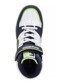 High-top sneaker with white leather, navy accents, and neon green details. Features perforated toe, lace-up closure, and adjustable strap.