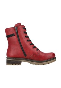 Red leather ankle boots with lace-up front, side zipper, black laces, and a textured finish. Rounded toe and low, stacked heel.