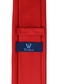 Red necktie made of smooth fabric, featuring a navy blue label with "Willen" in light blue. The design is simple with no patterns.