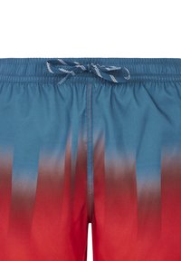 Zwemshorts met een blauw naar rood verlooppatroon, elastische tailleband en een blauwe trekkoord. Glad textuur, lichtgewicht stof.