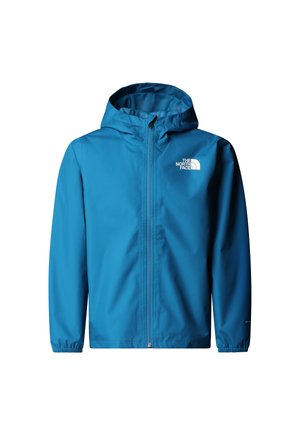 Blue waterproof jacket with a hood, elastic cuffs, and a front zip. Features a white logo on the left chest area. Smooth texture.