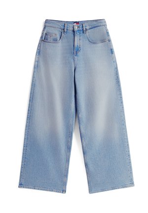 Vaaleansiniset leveälahkeiset farkut, joissa etutaskut, vyölenkit, napitettava suljenta ja hienovaraiset haalistumat reisissä ja polvissa.