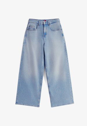 Vaaleansiniset leveälahkeiset farkut, joissa etutaskut, vyölenkit, napitettava suljenta ja hienovaraiset haalistumat reisissä ja polvissa.